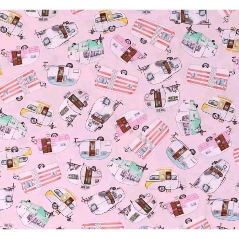 Cotton Fabric Campers Trailers Soft Pink Background Camping Fabric 5392 6 Yards